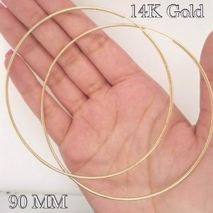 14K Real Yellow Gold Thin Endless Hoops, 90mm